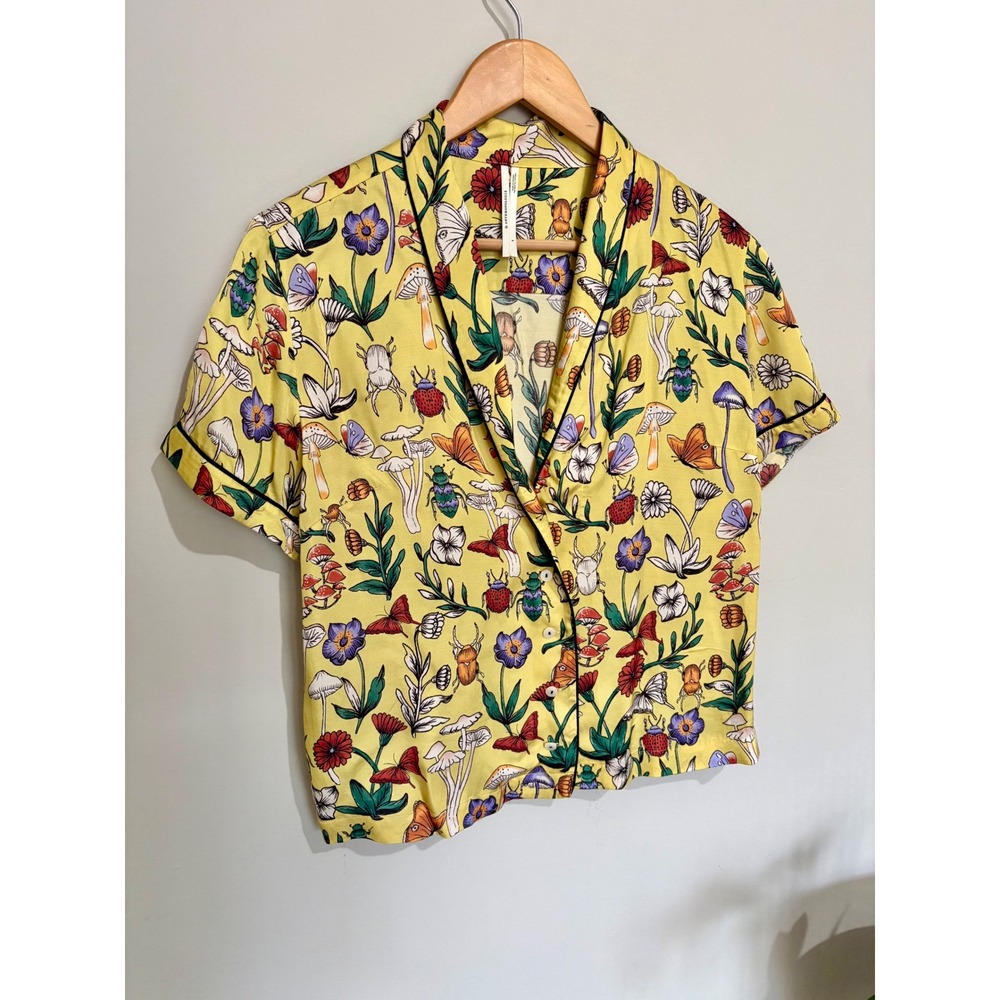 Anthropologie Chartreuse Cottage Core Print Button Down PJ Style Top